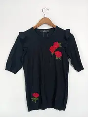 Vorschaubild 2 von Damen Pullover Gr. 40/L Schwarz mit Rosenstickerei & Rüschen