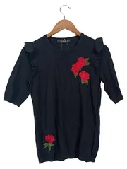 Vorschaubild 1 von Damen Pullover Gr. 40/L Schwarz mit Rosenstickerei & Rüschen