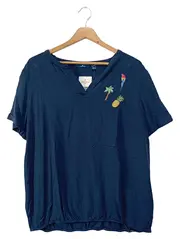 Vorschaubild 1 von Damen T-Shirt Gr. 44/L Blau Bestickt Tropisch Viskose Casual