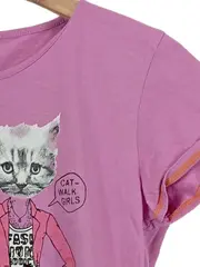 Vorschaubild 3 von Kinder T-Shirt Rosa Katzenmotiv Gr. 158 Kurzarm Baumwolle Freizeit