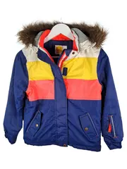 Vorschaubild 1 von Kinder Winterjacke Gr. 140 Kapuze Fellbesatz Blau Gelb Rot