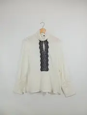 Vorschaubild 2 von Damen Bluse Gr. 38 M Weiß Elegant mit Spitze Rollkragen Langarm