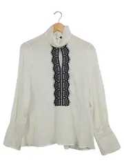 Vorschaubild 1 von Damen Bluse Gr. 38 M Weiß Elegant mit Spitze Rollkragen Langarm