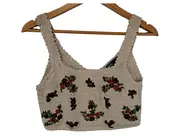 Vorschaubild 1 von Häkel Crop Top Damen Gr. S Beige Blumenstickerei Boho