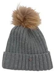 Vorschaubild 1 von Damen Strickmütze Grau Bommel Fellpompon Wolle Acryl Rippstrick