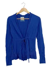 Vorschaubild 1 von Damen Strickjacke Blau Gr. M Kapuze Rüschen Bindegürtel