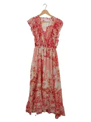 Vorschaubild 1 von Maxikleid Damen S Blumenmuster Rüschen V-Ausschnitt Rot Sommerkleid