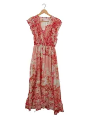 Vorschaubild 2 von Maxikleid Damen S Blumenmuster Rüschen V-Ausschnitt Rot Sommerkleid