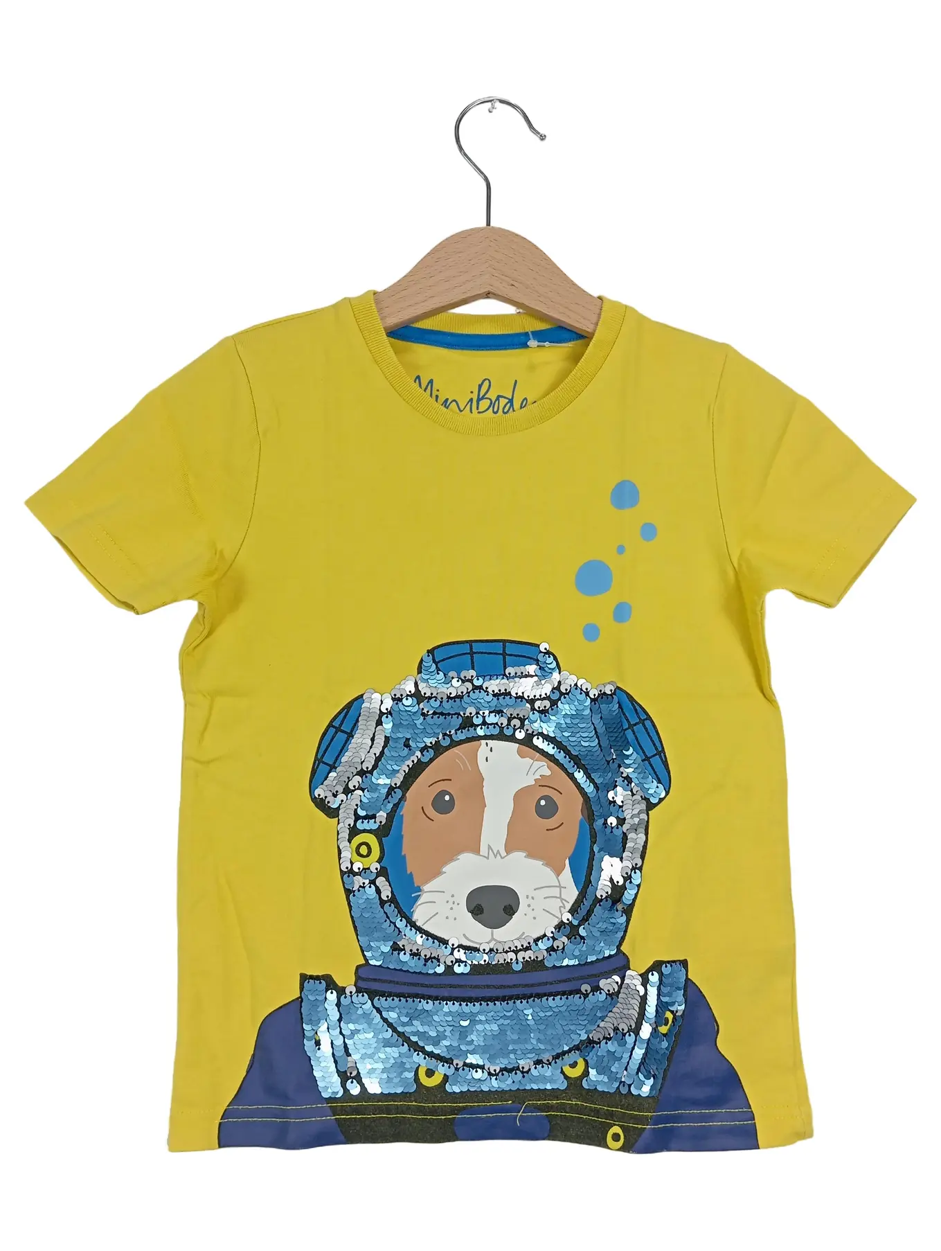 MINI BODEN Kinder T-Shirt Hund Pailletten Gelb Gr. 110
