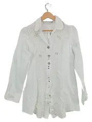 Vorschaubild 1 von Damen Bluse Weiß Gr. M Stickerei Zierknöpfe Langarm