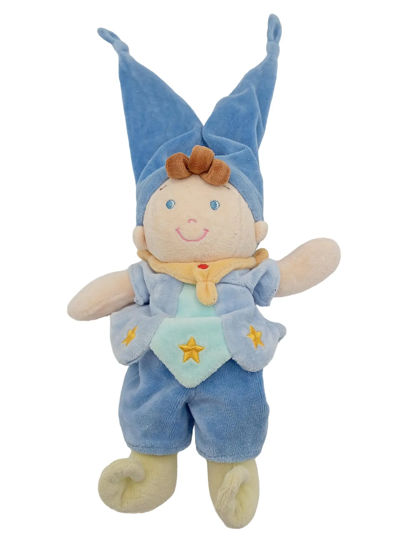 NICOTOY Babypuppe Stoffpuppe Spieluhr Blau Zipfelmütze Stern Charmant Kuschelpuppe