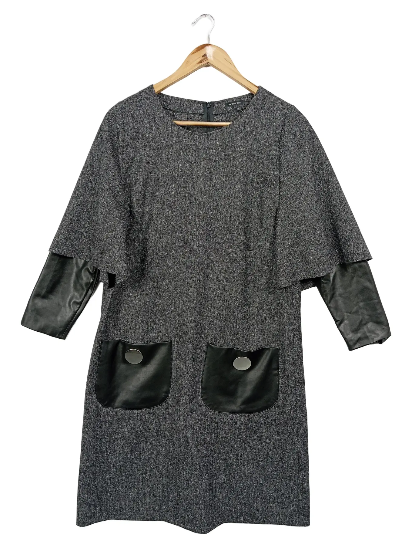 CAROLINE BISS Businesskleid Elegant Grau M Lederdetails Langarm