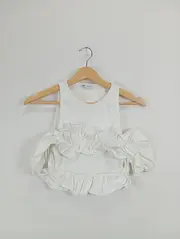 Vorschaubild 2 von Damen Bluse Ärmellos Rippstrick Rüschen Weiß Gr. 38/M