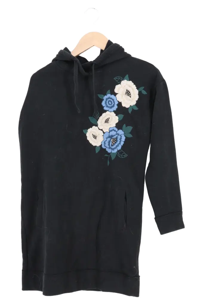 HOLLISTER Damen Freizeitkleid S Schwarz Hoodie Blumen Stickerei