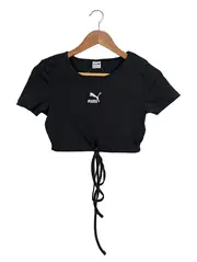 Vorschaubild 1 von Damen Crop Top Schwarz Gr. M Rippstrick Schnürung Logo Sportlich