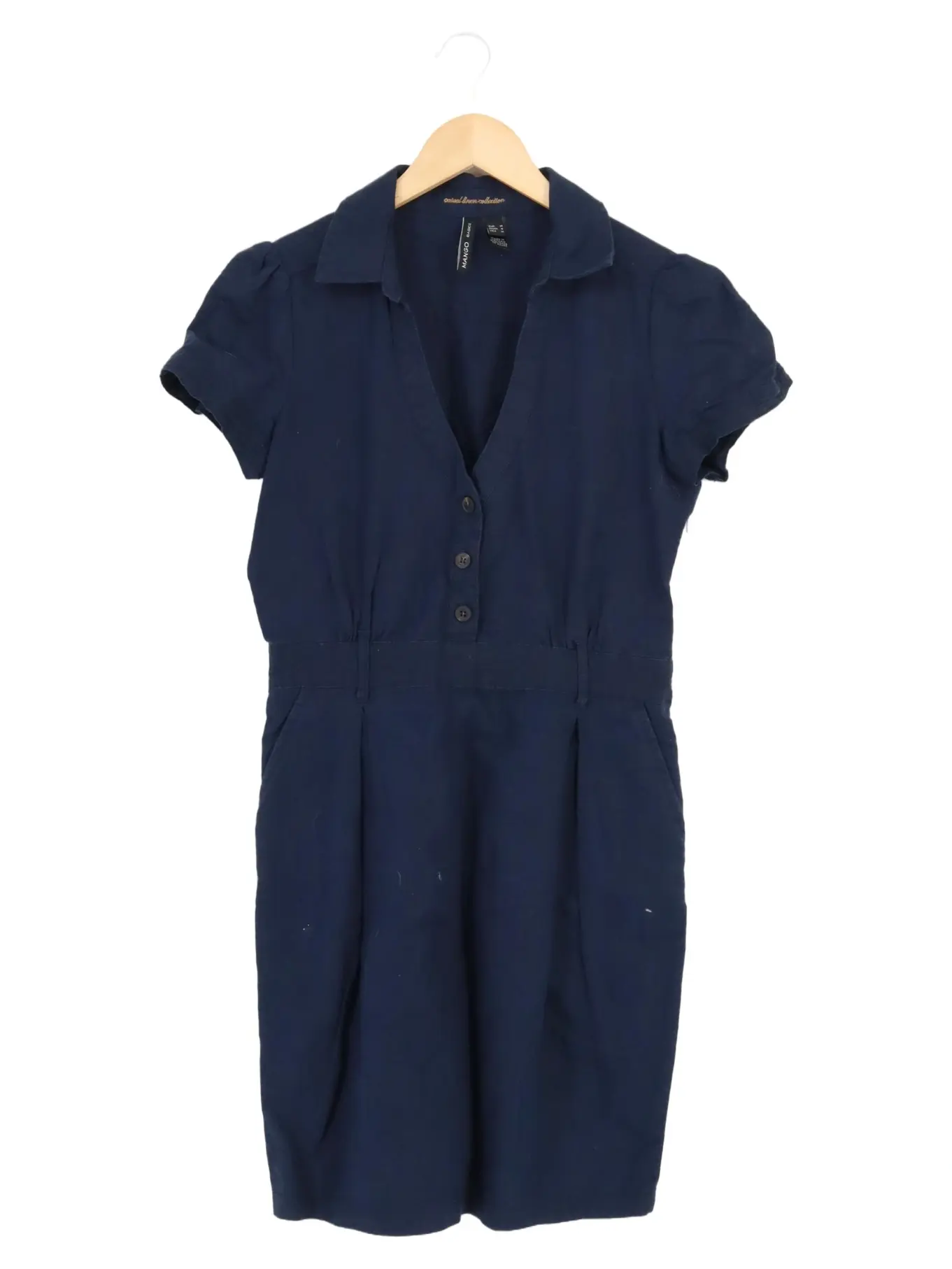 MANGO Damen Blusenkleid Hemdblusenkleid Gr. 38/M Blau Leinen Kurzarm