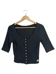 Vorschaubild 1 von Damen Henley Shirt Rippstrick Knopfleiste Schwarz Gr. S