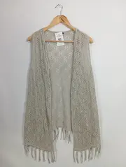 Vorschaubild 1 von Damen Strickjacke L/40 Grau Lochmuster Fransen Baumwolle Polyacryl