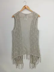 Vorschaubild 2 von Damen Strickjacke L/40 Grau Lochmuster Fransen Baumwolle Polyacryl