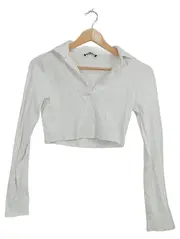 Vorschaubild 1 von Damen Langarmshirt Crop Top Kragen Rippstrick Weiß Gr. 38 M