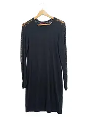 Vorschaubild 1 von edc Strickkleid Damen Gr. 40 L Schwarz Spitze Freizeitkleid Midikleid