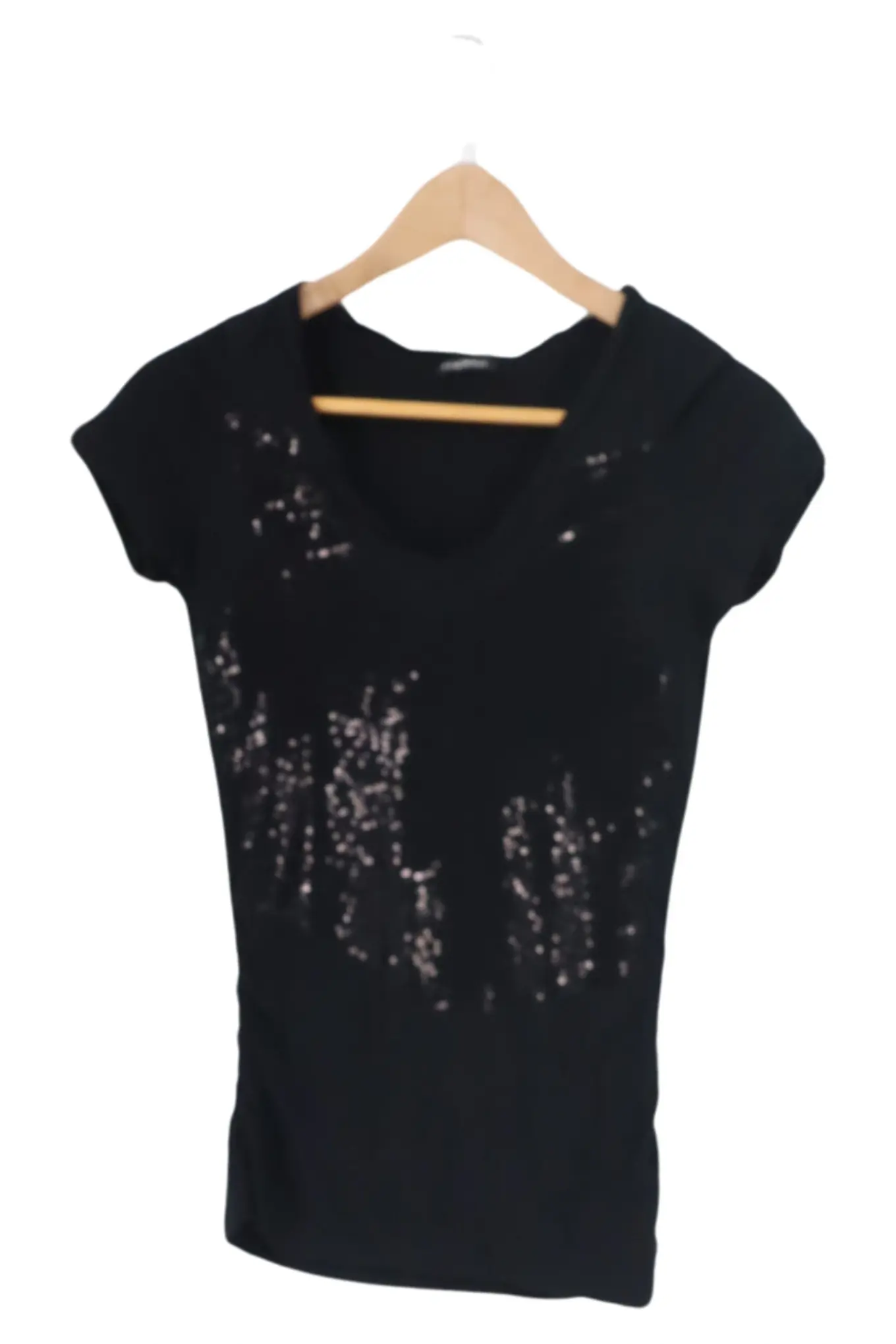 MOTIVI Damen T-Shirt Gr. 36/S Schwarz Pailletten Casual Basic Urban