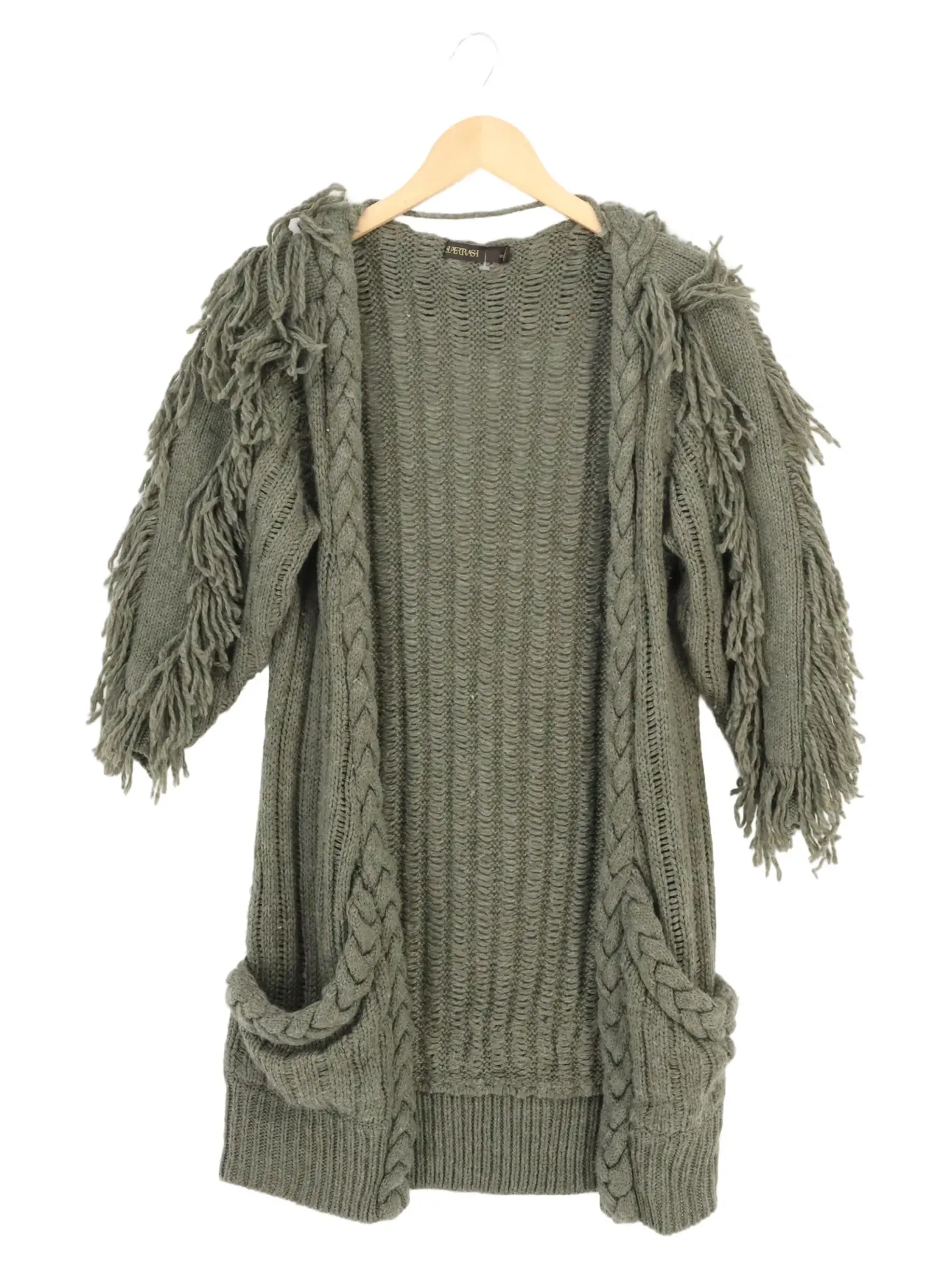 SUPERTRASH Damen Strickjacke Grün 32/XXS Bohemian Fransen Zopfstrick