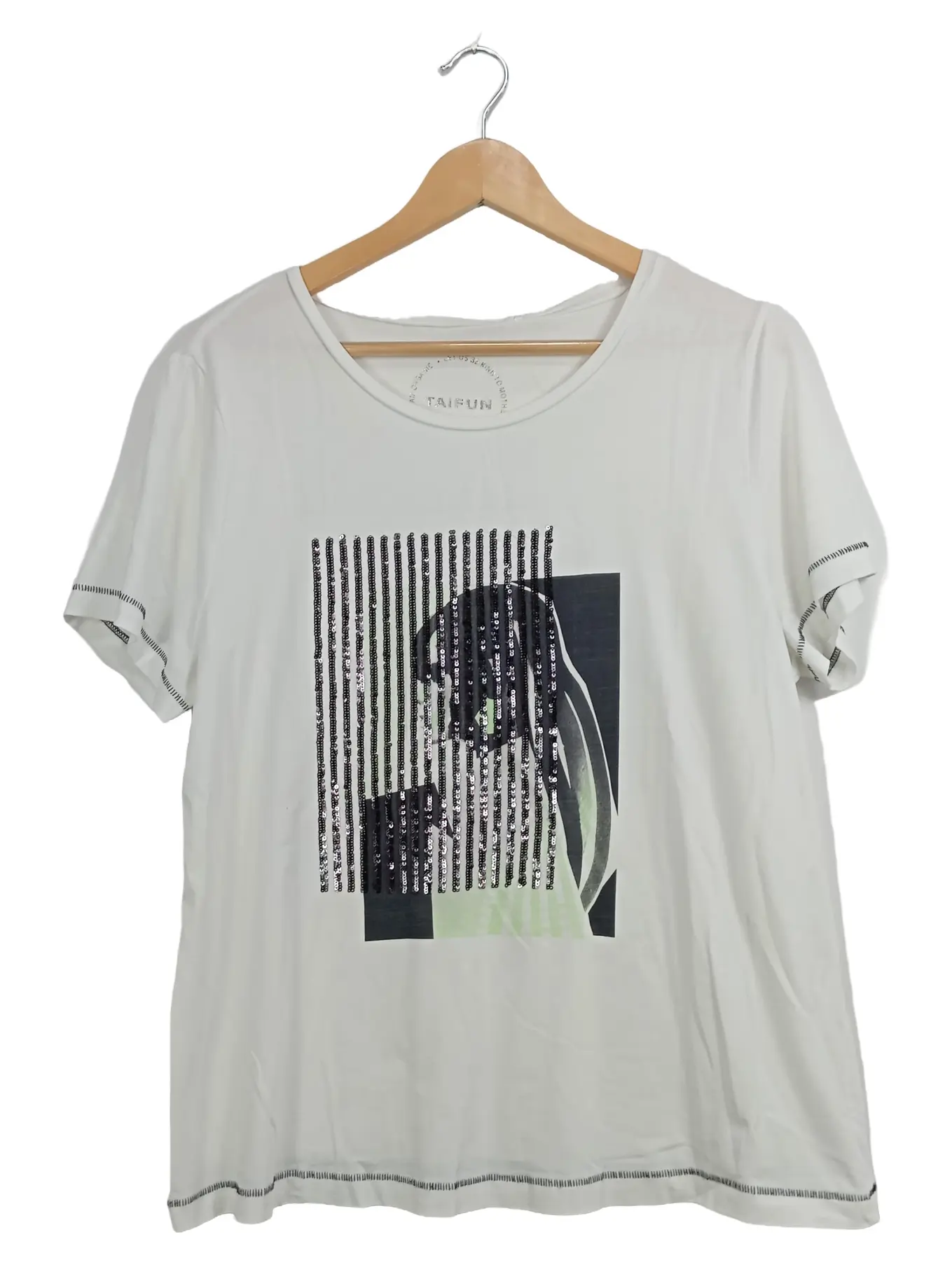 TAIFUN Damen T-Shirt Gr. 42/XL Baumwolle Grafik Pailletten Kurzarm Weiß