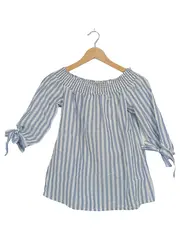 Vorschaubild 1 von Damen Off-Shoulder Bluse Gr. 34/XS Blau Weiß Gestreift Baumwolle