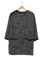 Vorschaubild 1 von TRF Tweed Kleid Damen Gr. S Schwarz Weiß Goldknöpfe Business