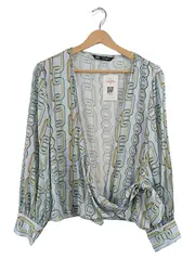Vorschaubild 1 von Damen Bluse Ketten-Muster Türkis Gr. XL Wickeloptik Langarm