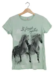 Vorschaubild 1 von T-Shirt Mädchen Grün Pferde Motiv Gr. 158 Baumwolle Kurzarm