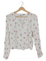 Vorschaubild 1 von Damen Bluse Blumenmuster Weiß Rosa Gr. M Langarm Boho