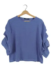 Vorschaubild 1 von Damen Bluse Gr. 38 Blau Gestreift Rüschen Ärmel Feminin