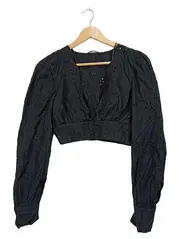 Vorschaubild 1 von Damen Crop Top Langarmshirt Lochstickerei Schwarz Gr. M