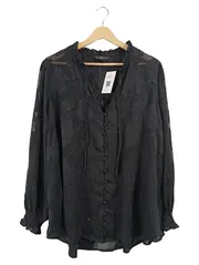 Vorschaubild 1 von Damen Bluse Schwarz Gr. 50 Blumenmuster Elegant Langarm Knopfleiste