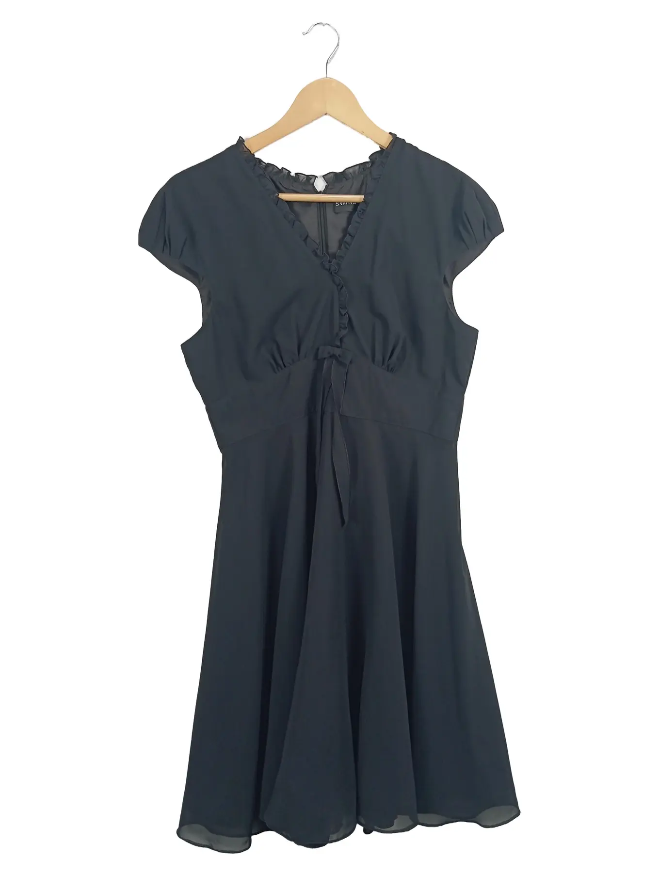 SWING Damen Festliches Kleid Gr. 42 Schwarz Elegant Rüschen Schleife Midikleid