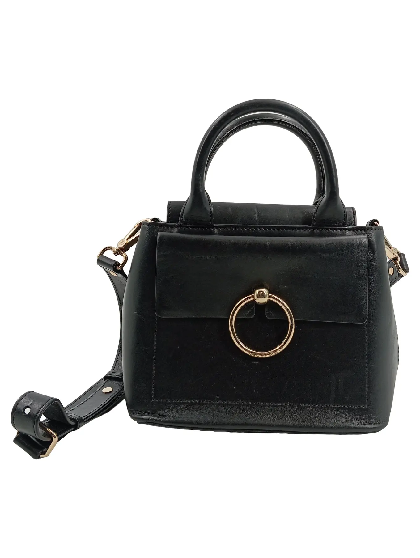 CLAUDIE PIERLOT Elegante Umhängetasche Schwarz Leder Goldring Damen 23x29cm