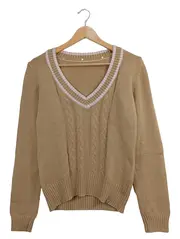 Vorschaubild 1 von Damen Pullover V-Ausschnitt Strick Beige Einheitsgröße
