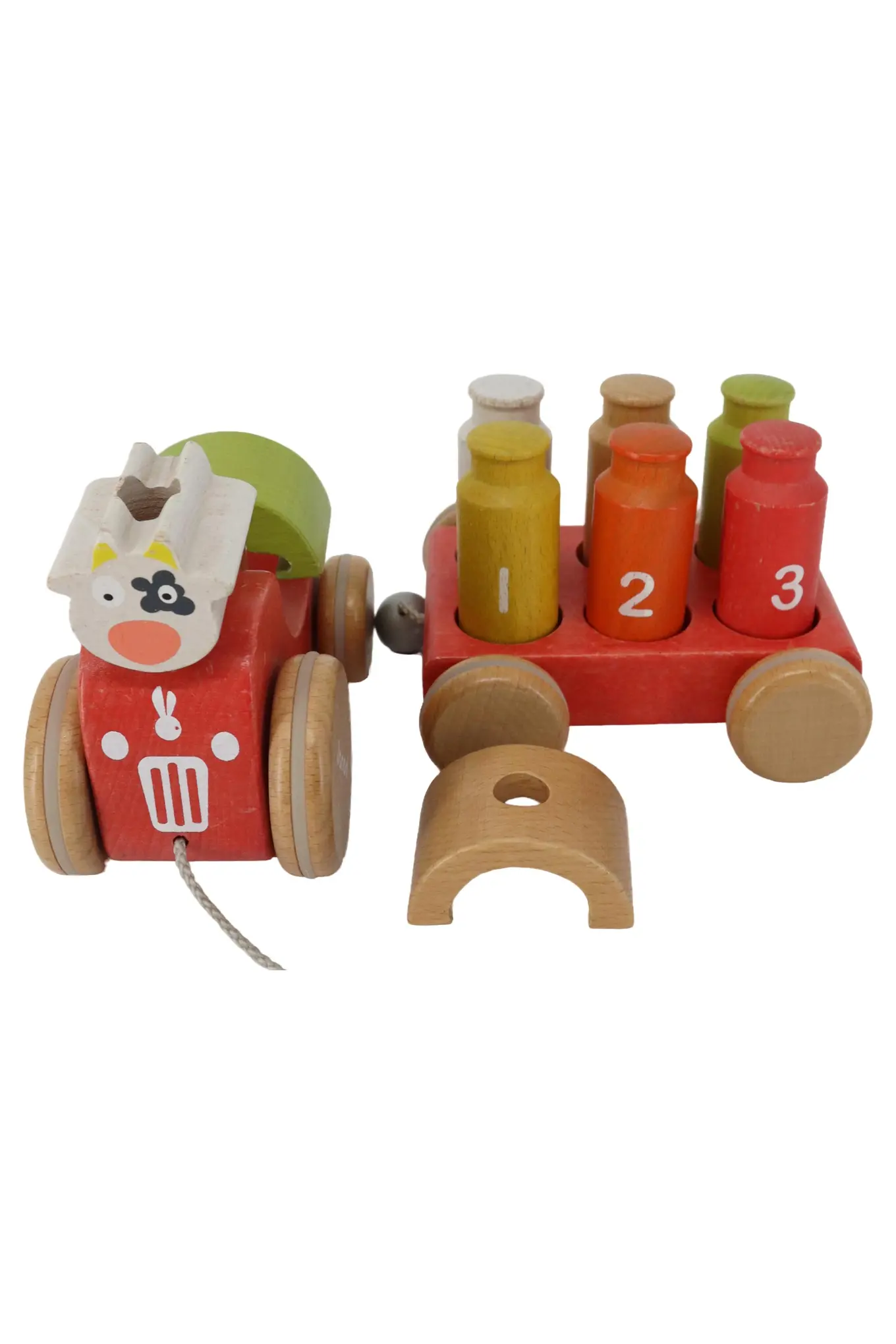 JANOD Nachziehspielzeug Traktor Kuh Holz Rot 26cm mit Milchflaschen