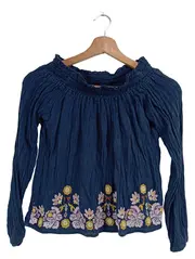 Vorschaubild 1 von Damen Bluse 34/XS Blau Carmen-Stil Stickerei Blumenmuster