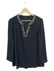 Vorschaubild 1 von Damen Bluse Gr. 40 L Schwarz Perlenbesatz Langarm Modern
