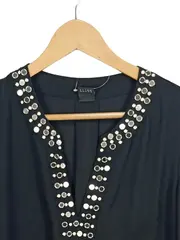 Vorschaubild 2 von Damen Bluse Gr. 40 L Schwarz Perlenbesatz Langarm Modern