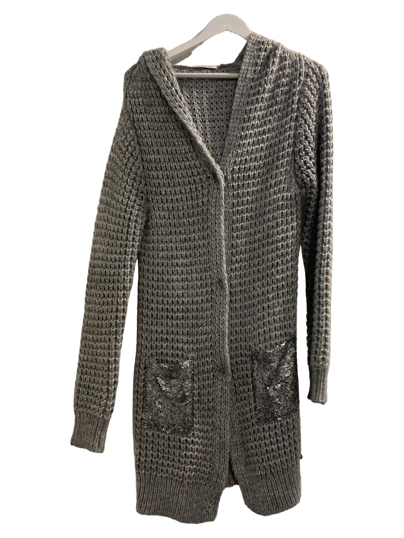 RICH & ROYAL Damen Strickjacke Kapuze Pailletten Grau Gr. 38