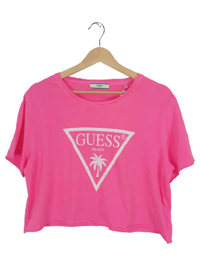 GUESS Damen T-Shirt Beach Palmen Print Pink 42/XL Casual Logo