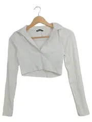 Vorschaubild 1 von Damen Langarmshirt Rippstrick Crop Top Weiß Gr. 36 S Baumwolle