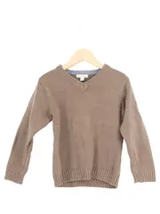 Vorschaubild 1 von Kinder Pullover Gr. 104 Braun V-Ausschnitt Schriftzug Patches
