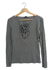 Vorschaubild 1 von Damen Langarmshirt Gr. 36/S Grau Rüschen Rippstrick