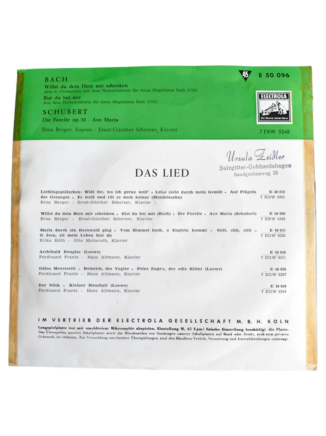 Bach Schubert Erna Berger Sopran Ernst-Günther Scherzer Klavier Vinyl