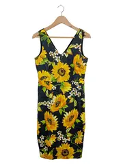Vorschaubild 1 von Damen Sommerkleid Gr. 36 S Blumenmuster Sonnenblumen Schwarz Gelb Feminin